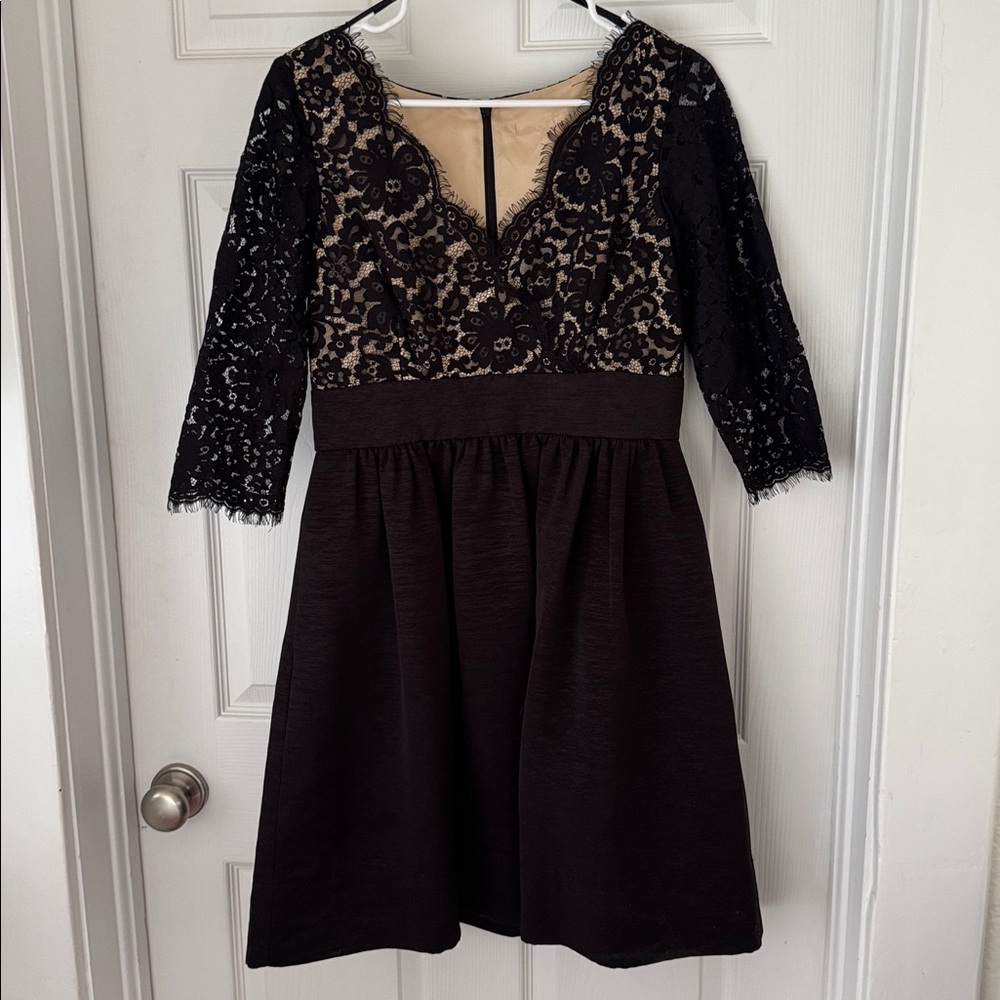 Eliza J Black Eyelash Lace and Faille Fit and Flare Cocktail Dress